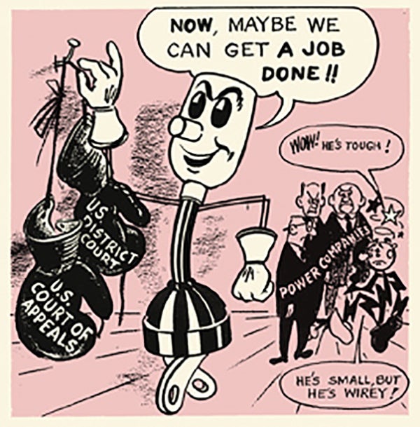 A political cartoon depicting the victory of Willie Wiredhand over Reddy Kilowatt.